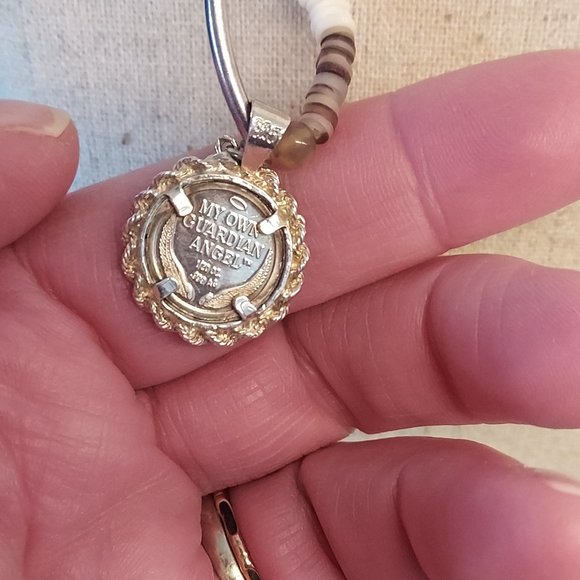 .999 Guardian Angel with tiny enamel cross on puka/ heishi and stone necklace - Picture 3 of 8